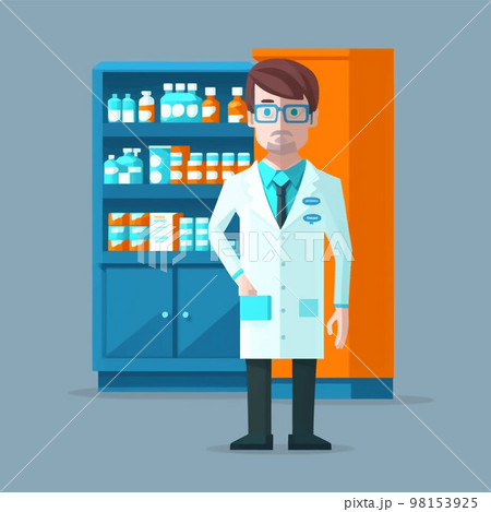 adult man with styled hair, as a pharmacist wearing lab coat and glasses 98153925