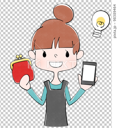 Illustration of a housewife with a red purse and a smartphone 98389464