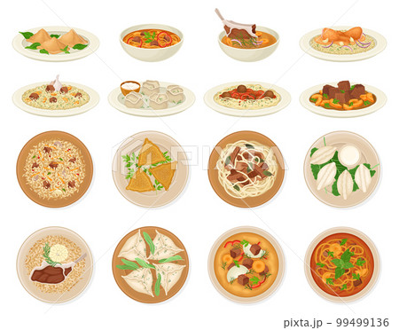 Traditional Dishes of Uzbek Cuisine with Pilaf and Lagman Big Vector Set 99499136