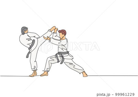 One single line drawing of two young sporty karateka men in fight uniform with belt exercising martial art at gym vector illustration. Healthy sport lifestyle concept. Modern continue line draw design 99961229