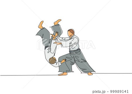 One single line drawing of young energetic man wearing kimono exercise aikido throw technique in sport hall vector illustration. Healthy lifestyle sport concept. Modern continuous line draw design 99989141