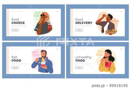 Food Choice Landing Page Template Set. Characters Indulging In Fast Food, Men and Women With Burger, Fries, Noodles 99918140