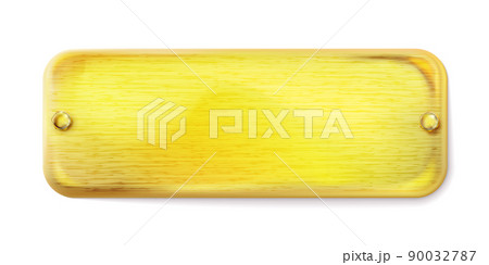 Realistic rectangular light golden plate with two gold screws isolated. Vector 90032787