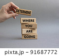 Determination symbol. Wooden blocks with words Determine where you are going. Beautiful grey background. Businessman hand. Business and Determine where you are going concept. Copy space 91687772