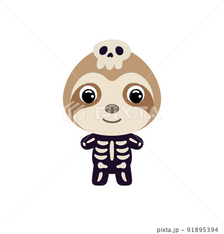 Cute little Halloween sloth in a skeleton costume. Cartoon animal character for kids t-shirts, nursery decoration, baby shower, greeting card, invitation, house interior. Vector stock illustration 91895394