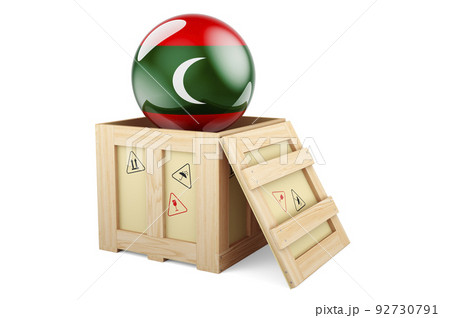 Wooden box, parcel with Maldivian flag. Shipping and delivery in Maldives, concept. 3D rendering 92730791