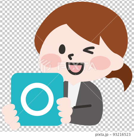 Illustration of a woman holding a circle card 93216523