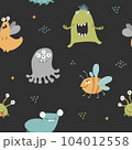 Cute monsters seamless pattern. Cartoon monsters background. Vector illustration 104012558