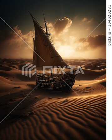 An old sailing boat sailing on the sands of the desert at sunset. AI generated, AI generative, AI generativ. 104020281