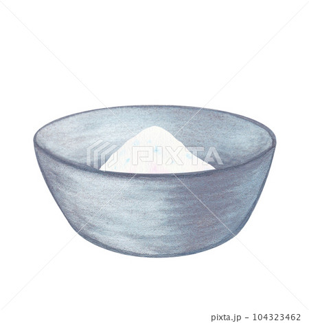 Laundry illustration. Grey metal basin, washing powder. Watercolor on a white background. Hand drawn. For postcards 104323462