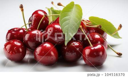 Sweet cherry fruits with stems and leaf, Cherries isolated on white background. 104516370