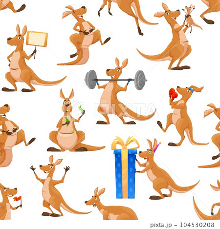 Cartoon kangaroo characters seamless pattern. Textile backdrop, wrapping paper vector print or fabric seamless background with cute kangaroo animal personage lifting barbell, boxing and opening gift 104530208