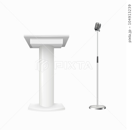 White Podium Tribune Rostrum Stands with Microphones. Podium tribune with microphones isolated for business presentation, conference. Vector 104913239