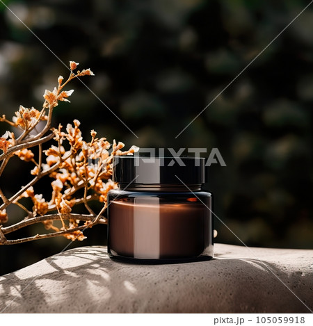 Amber glass cosmetic cream jar mockup, beauty product container front view template, styled creative cream jar mockup 105059918