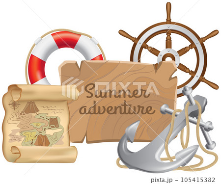 Lifebuoy, treasure map, anchor and steering wheel for nautical design. Summer adventure concept 105415382