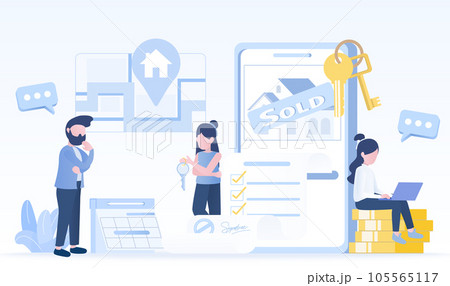 Online contract concept. Digital legal binding document, manage contract, insurance, policy list. Planning and thinking before buying, renting a house. Flat vector design illustration. 105565117