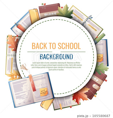 Back to school frame design. Poster, postcard with with textbooks, books and stationery. School, Knowledge, education.Background with school supplies. 105580687