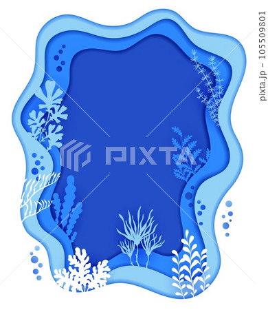 Frame border with sea paper cut underwater landscape silhouette, vector background. Undersea copy space with papercut frame of coral reef seaweeds in underwater blue waves in paper cut layers 105509801