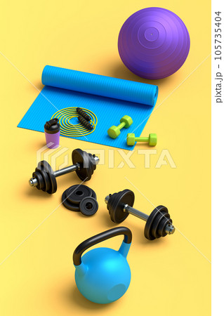 Isometric view of sport equipment like kettlebell, fitness ball and yoga mat 105735404