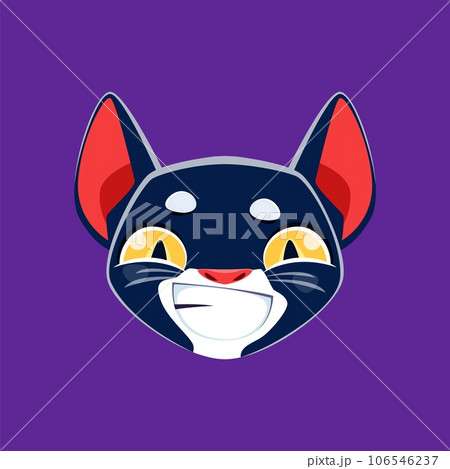 Cartoon Halloween black cat emoji character with wide yellow eyes and playfully spooky toothy grin. Isolated vector cute and eerie feline animal emotion for festive Hallowmas messages and posts 106546237