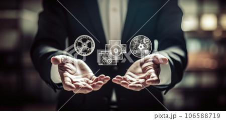 Working group of businessmen find the agreement by holding a piece of gear in hand. concept of teamwork and business partnership. AI Generative. 106588719