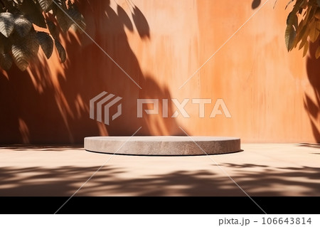 Orange Backdrop Podium Pattern for add Product,Abstract Texture Shadow Leaves Overlay with Sun Light Background,Design Autumn Summer Table Studio Room with Sun Light on Wall Interior Room 106643814