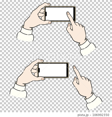 スマホを操作する女性の手のイラスト【横持ち】 106992350