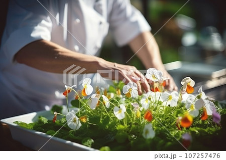 Chef restaurant in kitchen garden picking edible flower nasturtium for decorated special dish. Generative AI 107257476