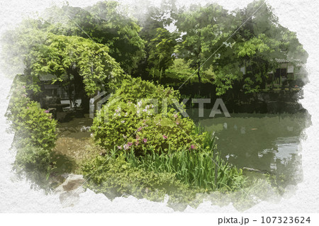 水彩画風　成羽陣屋　回遊式書院庭園跡　蓮池　岡山県高梁市 107323624