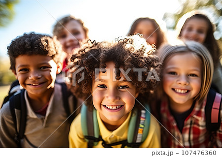 Diverse Multiethnic Children Laughing Together and Making Eye Contact with the Camera. created with Generative AI 107476360