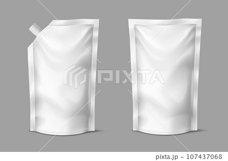 Doypack with spout, pouch pack package mockup. Isolated realistic 3d vector food packaging. Ketchup, sauce, mayonnaise foil or paper package, sachet with screw cap. Blank white doy packs for product 107437068