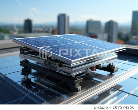 Modern solar panel on th roof with plants at morning, Solar panel on red roof reflecting sun and cloudless blue sky. Ai generative. 107574250