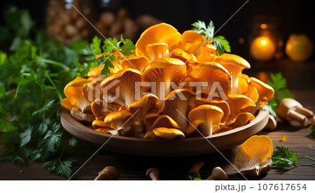 Still life in rustic style. Mushrooms Trumpet Chanterelles. Ai-generated  107617654