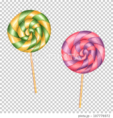 Multicolored spiral lollipops. Ornament of yellow and green stripes, pink and purple stripes. Bonbons with striped swirls, sugar caramel on stick. Watercolor illustration for stationery, candy shop 107776972