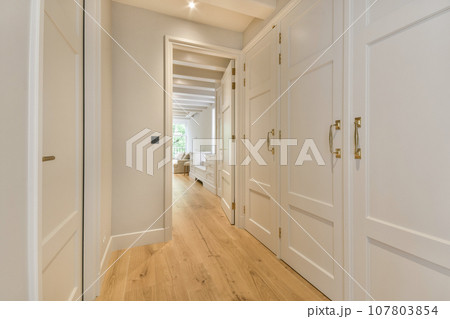 a long hallway with white doors and wood flooring on either side by side, leading to the living room 107803854