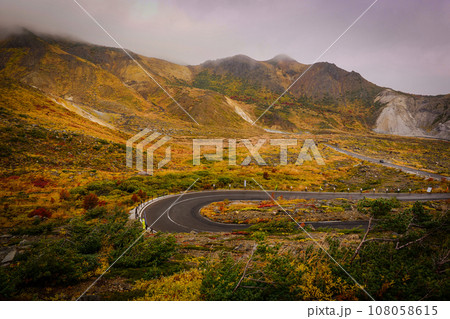 紅葉の中を走る道路 108058615