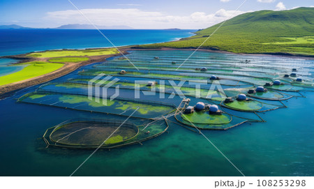 High angle aerial view of a a fish farm off the coast in the blue, sea during day time 108253298