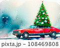 Red car with Christmas tree on top  driving on the road in water color. 108469808