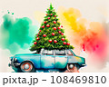 Blue car with Christmas tree on top  driving on the road in water color. 108469810