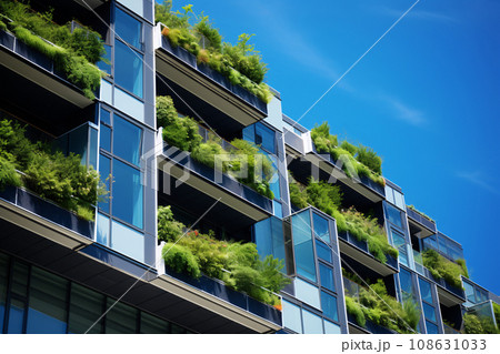 Eco-friendly building in the modern city. Sustainable glass office building with tree for reducing carbon dioxide. Office building with green environment. Corporate building reduce CO2. Generative AI 108631033