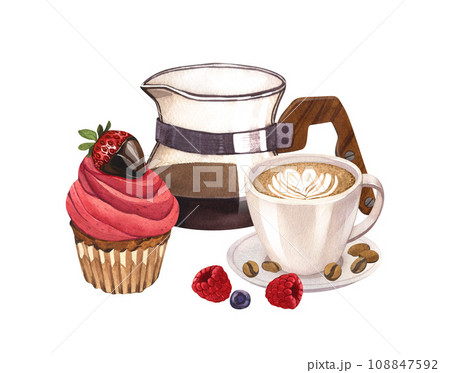 Coffee cup latte, coffee pot and dessert muffin with cream. Cupcake cream with strawberry and hot drink decorated with heart of milk. Watercolor hand drawn illustrations, isolated on white background. 108847592