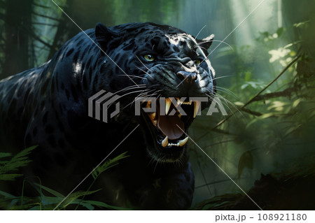 Image of black panther is angry in the forest., Wildlife Animals. 108921180