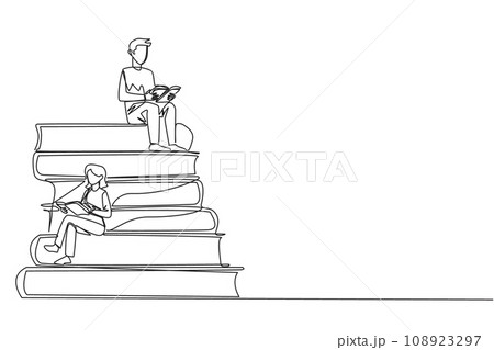 Single one line drawing man woman sitting on a pile of books reading a book. High interest in reading. Opening horizons of thinking. Book festival concept. Continuous line design graphic illustration 108923297