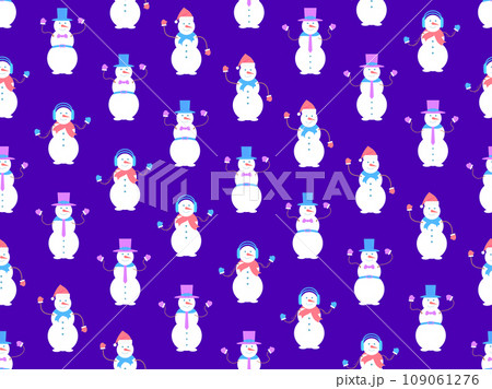 Christmas seamless pattern with snowmen made from three snowballs. A snowman with a carrot instead of a nose, wearing a scarf and mittens, and a Santa Claus hat on his head. Vector illustration 109061276