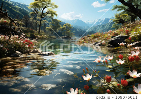 Summer mountain landscape with river and flowers on a sunny day 109076011