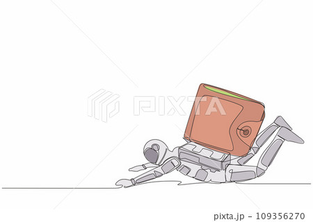 Continuous one line drawing young astronaut under heavy wallet burden. Financial and economic crisis at spaceship industry. Cosmonaut outer space. Single line draw graphic design vector illustration 109356270