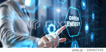 Businessman clicks Green eco energy icons. Reducing environmental risks 109467430