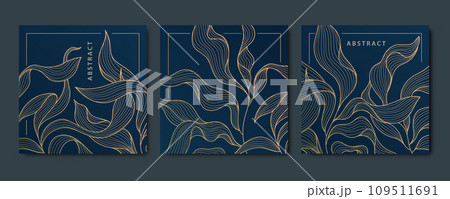 Vector set of art deco abstract luxury golden square cards, post templates for social net, leaves botanical modern, art deco wallpaper backgrounds. Floral line patterns. 109511691