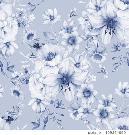 Seamless pattern with wild flowers in indigo tones 109864060