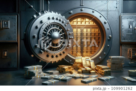 Open bank safe vault door with golden ingots peeking from inside 109901262